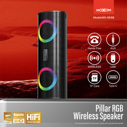 MOXOM MX-SK68 Bluetooth Speaker – 10W Stereo, RGB Lights, Bluetooth 5.2, USB/TF/AUX, Hands-Free Calls