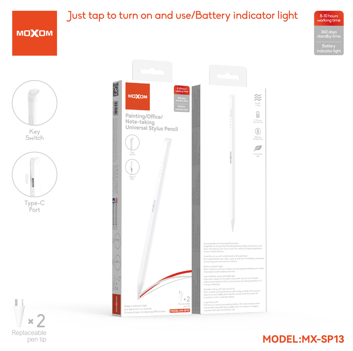 MOXOM MX-SP13 Stylus Pencil for iPad – Replaceable POM Nib, 8–10H Use, 40-Min Type-C Charge