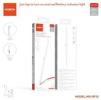 MOXOM MX-SP13 Stylus Pencil for iPad – Replaceable POM Nib, 8–10H Use, 40-Min Type-C Charge