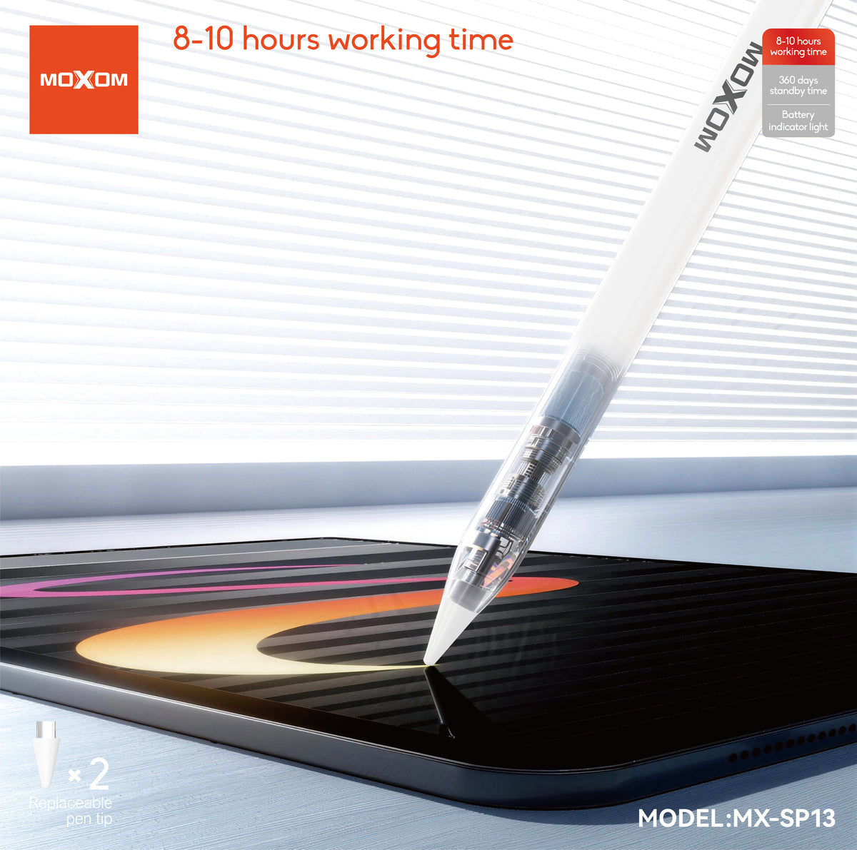 MOXOM MX-SP13 Stylus Pencil for iPad – Replaceable POM Nib, 8–10H Use, 40-Min Type-C Charge