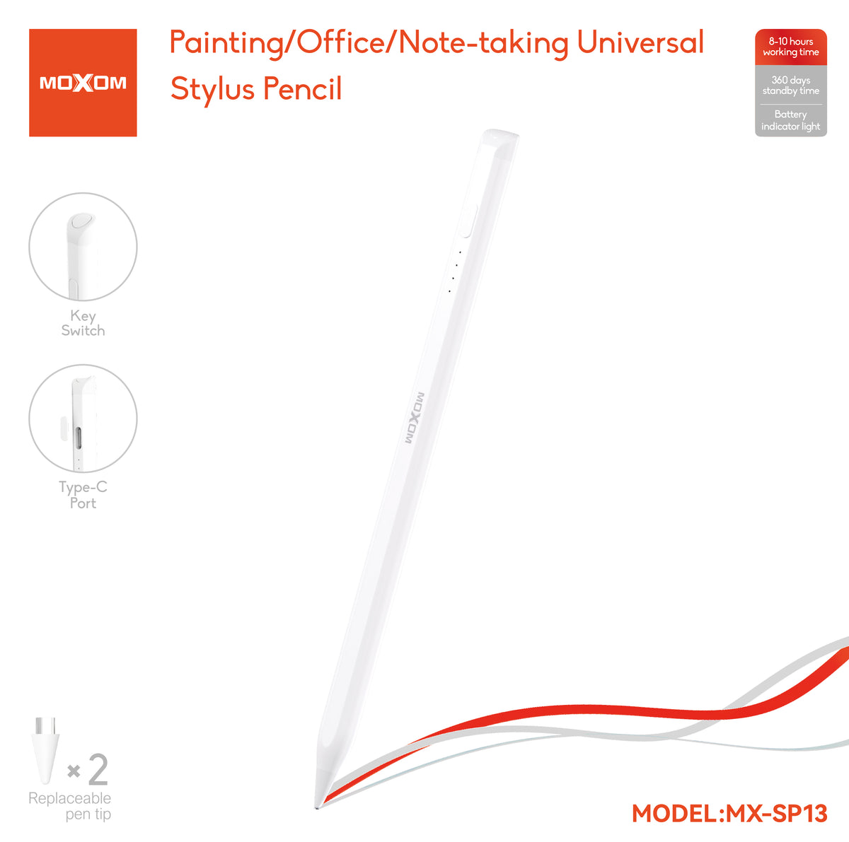 MOXOM MX-SP13 Stylus Pencil for iPad – Replaceable POM Nib, 8–10H Use, 40-Min Type-C Charge