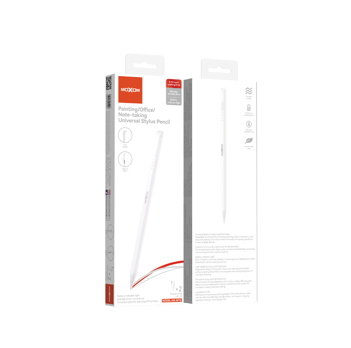 MOXOM MX-SP13 Stylus Pencil for iPad – Replaceable POM Nib, 8–10H Use, 40-Min Type-C Charge