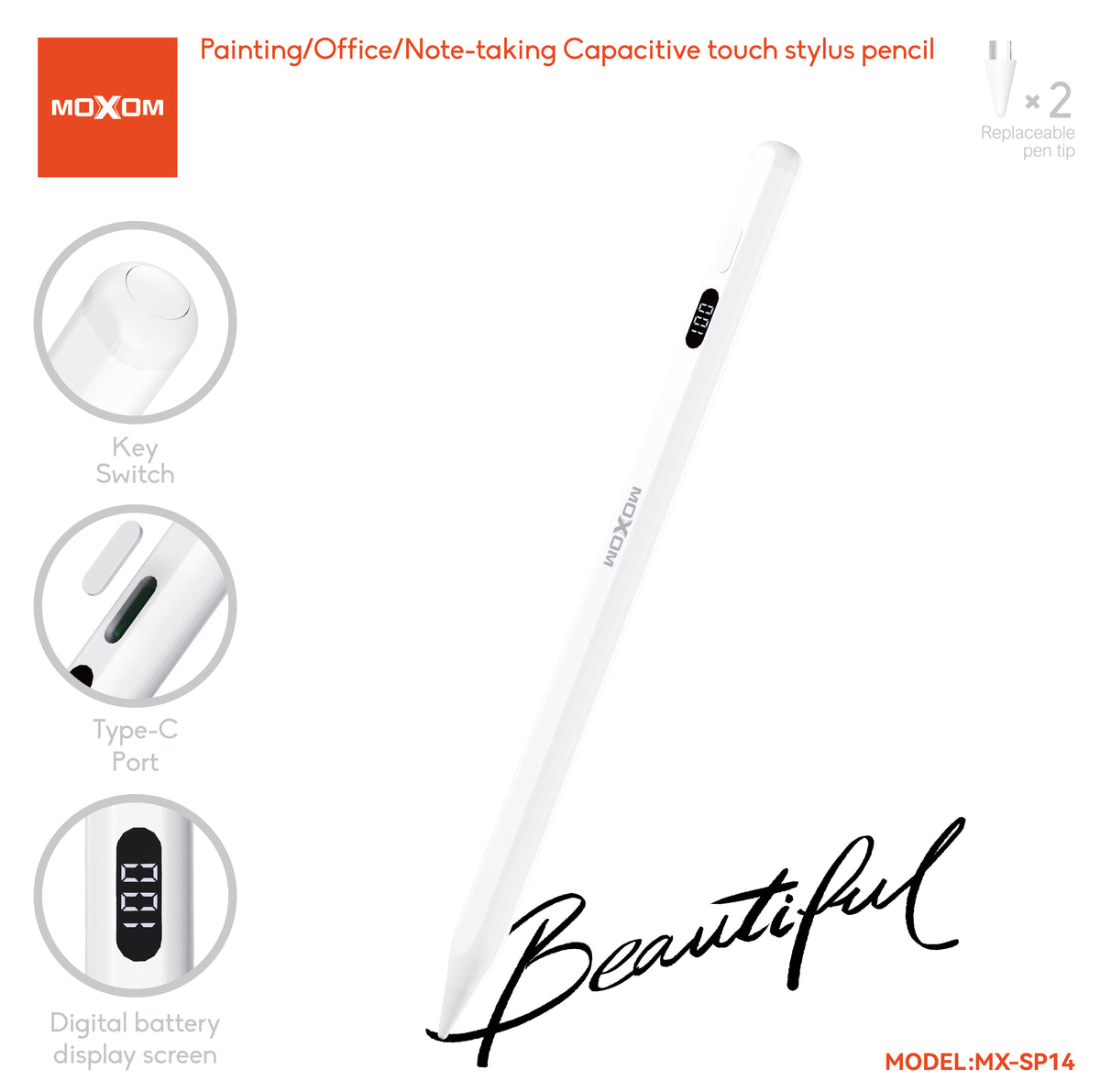 MOXOM MX-SP14 Rechargeable Stylus Pen – Precision Capacitive Touch, 10H Use, Type-C, Aluminium Body