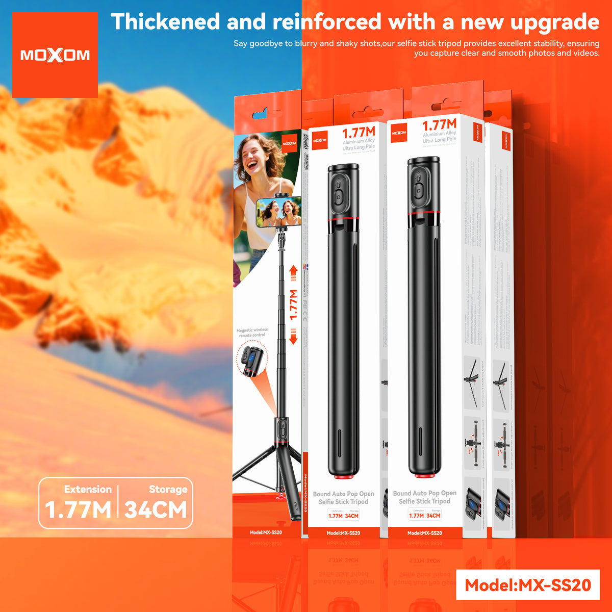 MOXOM MX-SS20 Bluetooth Selfie Stick Tripod – Extends to 1.5m, 360° Rotation, 10m Remote