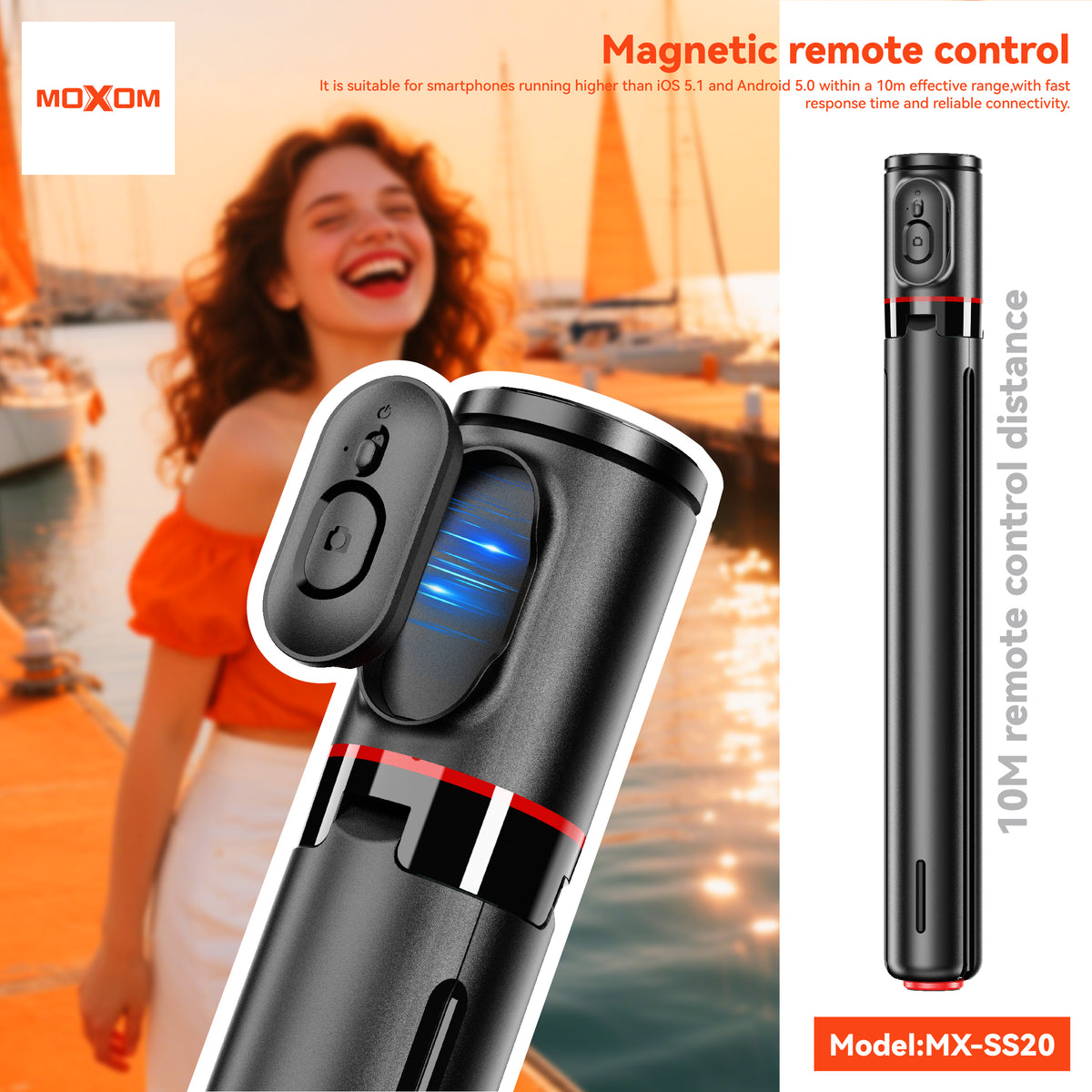 MOXOM MX-SS20 Bluetooth Selfie Stick Tripod – Extends to 1.5m, 360° Rotation, 10m Remote