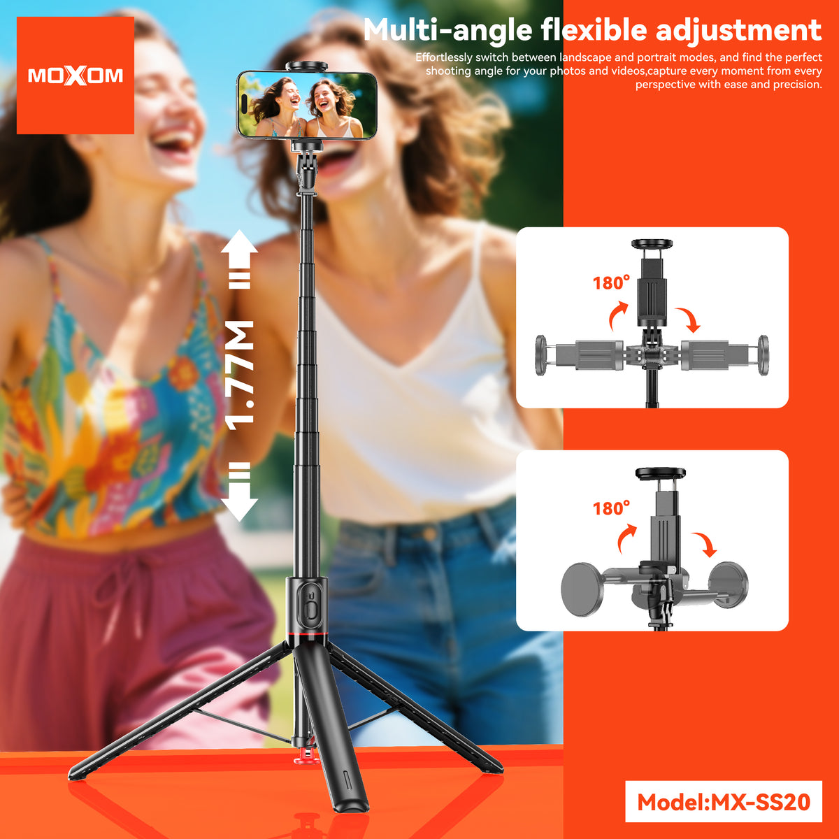 MOXOM MX-SS20 Bluetooth Selfie Stick Tripod – Extends to 1.5m, 360° Rotation, 10m Remote