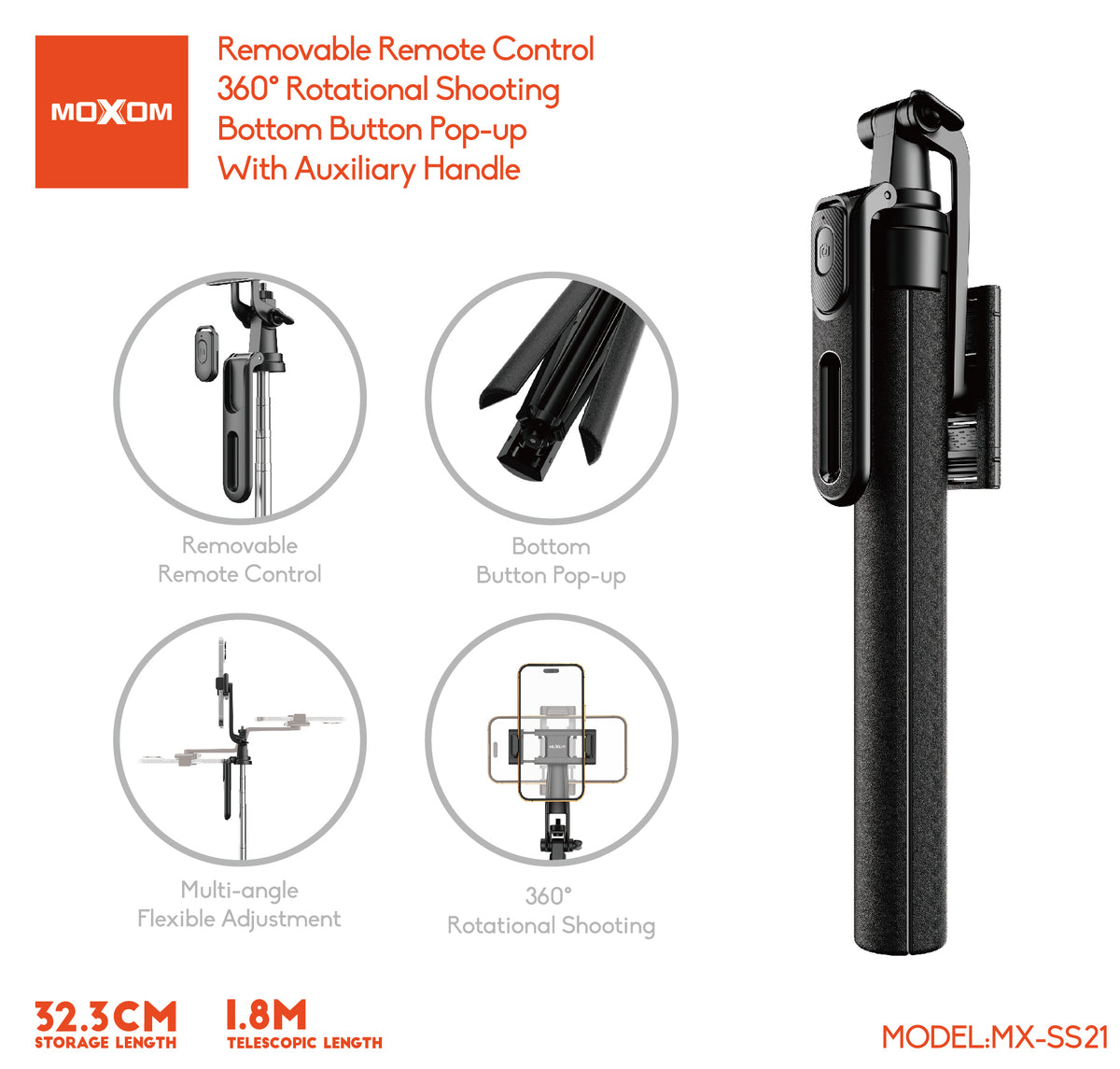 MOXOM MX-SS21 Phone Photography Stand – Extends to 1.8m, Bluetooth Remote, Fits Phones up to 7"