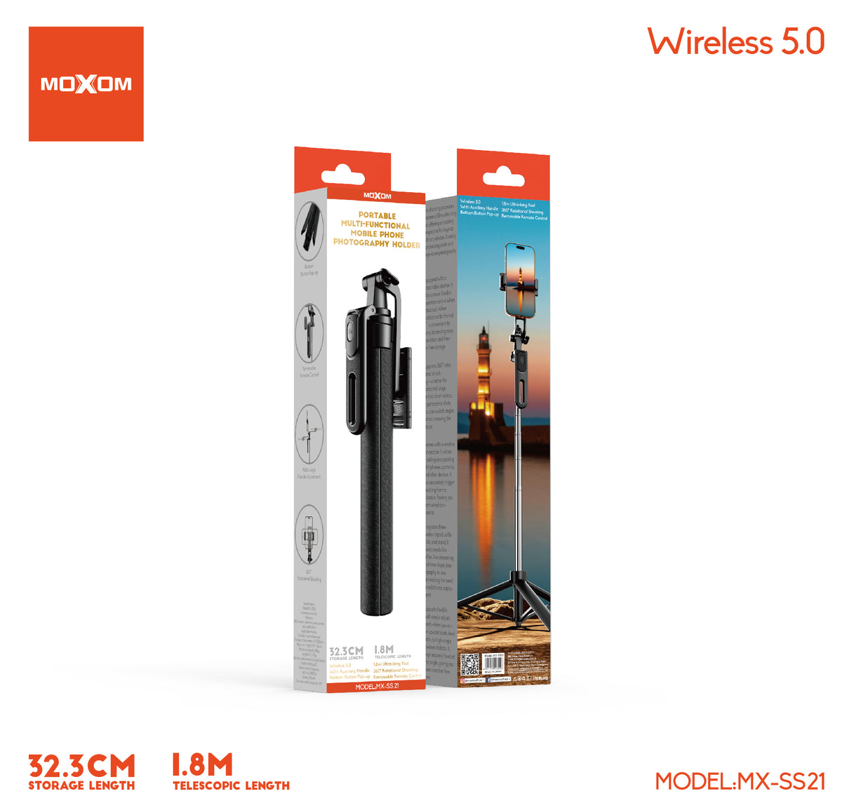 MOXOM MX-SS21 Phone Photography Stand – Extends to 1.8m, Bluetooth Remote, Fits Phones up to 7"