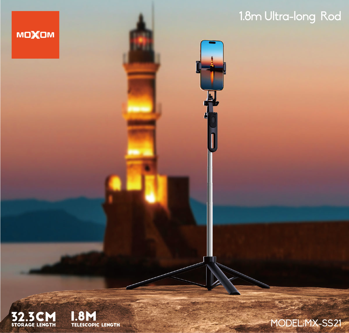 MOXOM MX-SS21 Phone Photography Stand – Extends to 1.8m, Bluetooth Remote, Fits Phones up to 7"