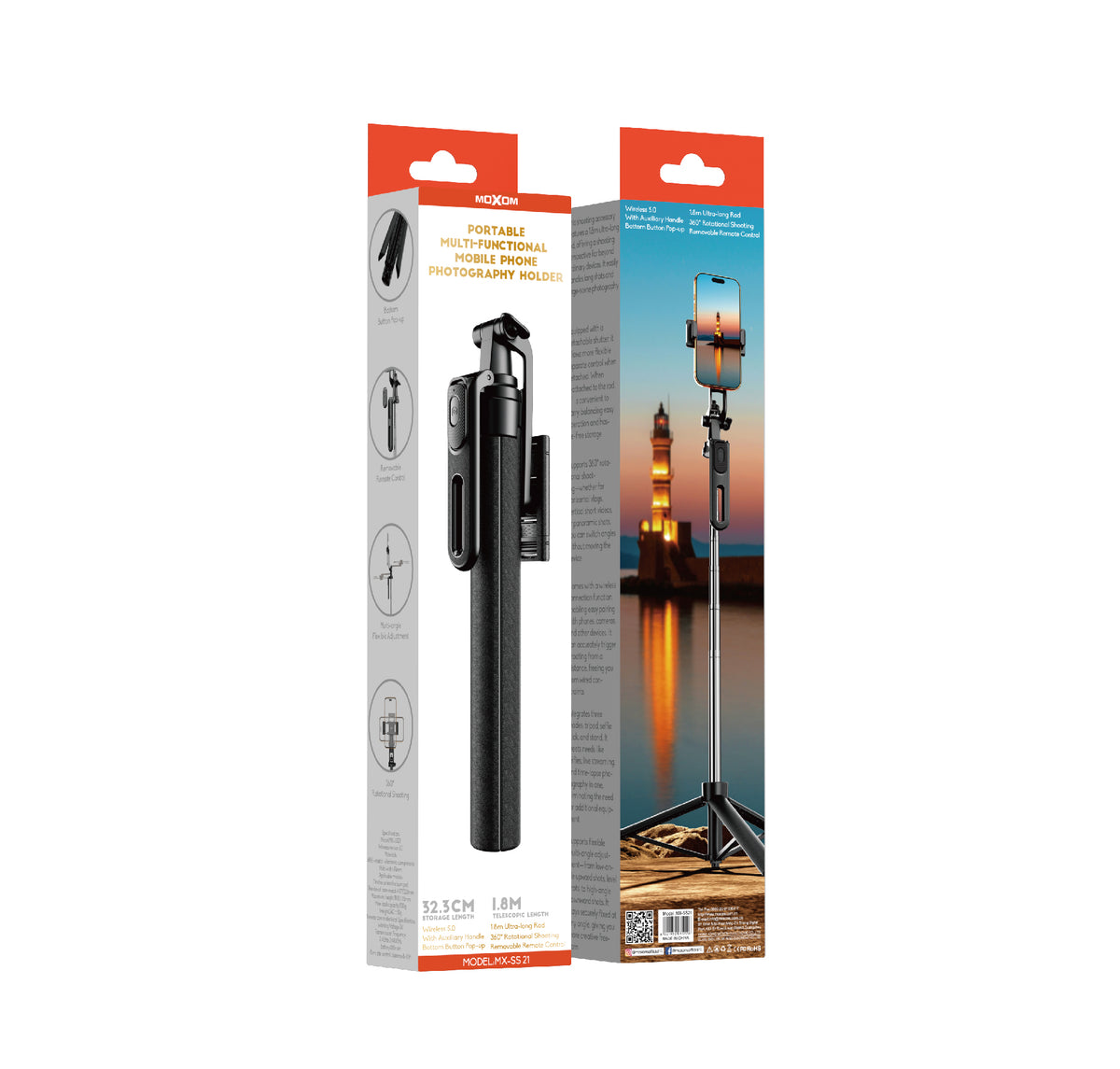 MOXOM MX-SS21 Phone Photography Stand – Extends to 1.8m, Bluetooth Remote, Fits Phones up to 7"
