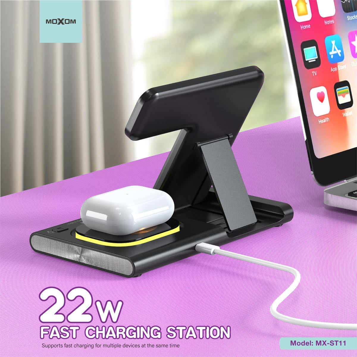 MOXOM MX-ST11 3-in-1 Wireless Charging Station – 22W, Charge Phone, Earbuds & Smartwatch Together