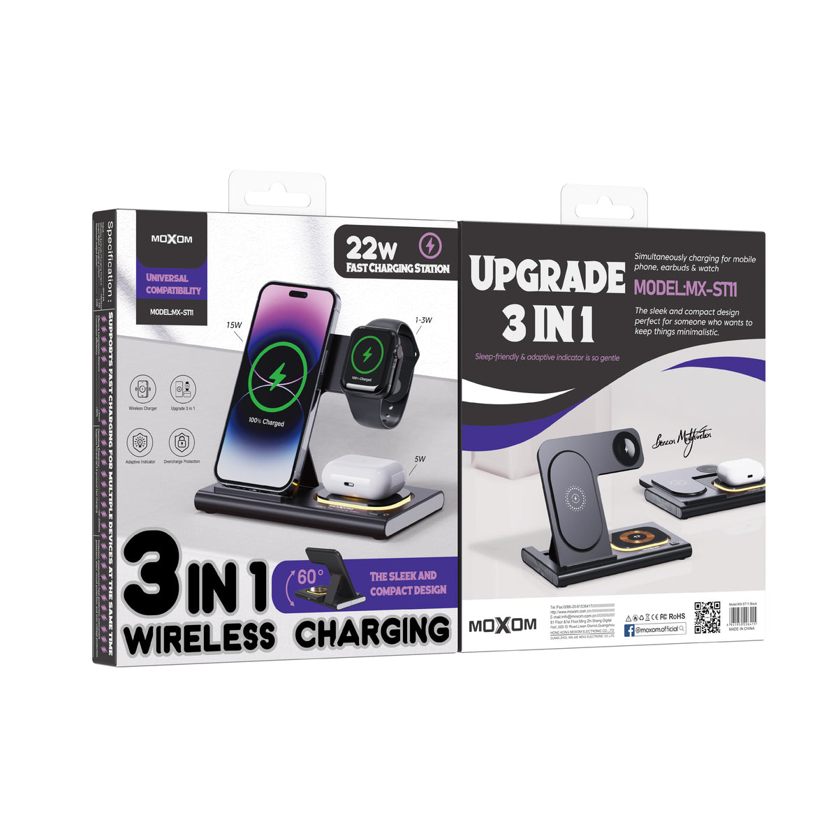 MOXOM MX-ST11 3-in-1 Wireless Charging Station – 22W, Charge Phone, Earbuds & Smartwatch Together