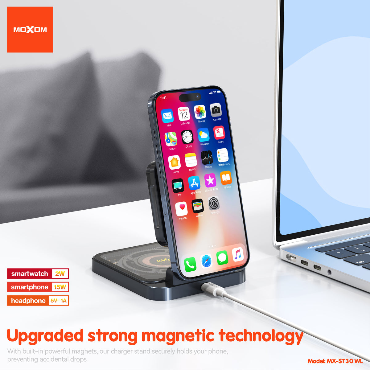 MOXOM MX-ST30 3-in-1 Foldable Magnetic Wireless Charger – Phone, Earbuds & Watch, Travel Stand