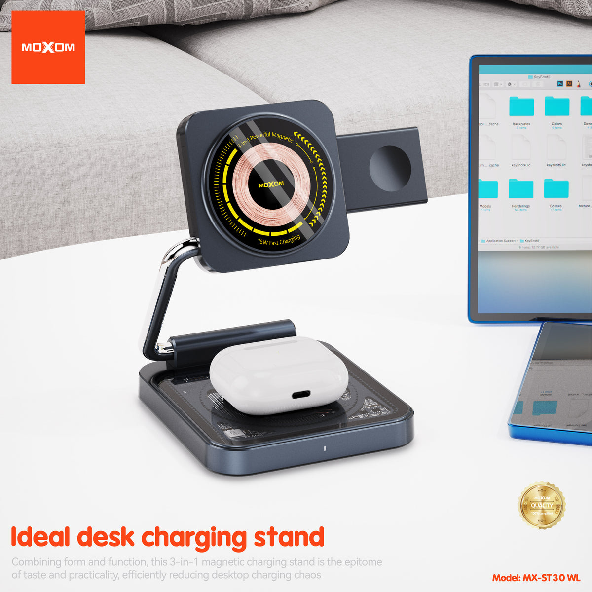 MOXOM MX-ST30 3-in-1 Foldable Magnetic Wireless Charger – Phone, Earbuds & Watch, Travel Stand