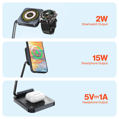 MOXOM MX-ST30 3-in-1 Foldable Magnetic Wireless Charger – Phone, Earbuds & Watch, Travel Stand