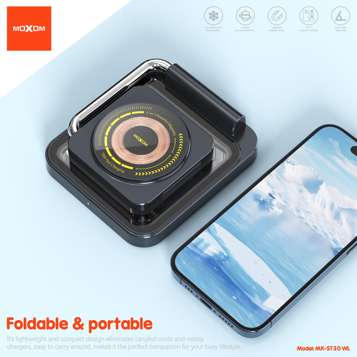 MOXOM MX-ST30 3-in-1 Foldable Magnetic Wireless Charger – Phone, Earbuds & Watch, Travel Stand