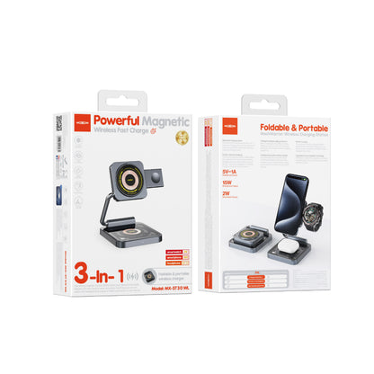 MOXOM MX-ST30 3-in-1 Foldable Magnetic Wireless Charger – Phone, Earbuds & Watch, Travel Stand