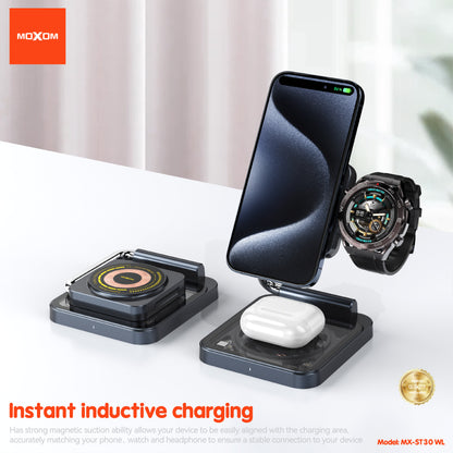 MOXOM MX-ST30 3-in-1 Foldable Magnetic Wireless Charger – Phone, Earbuds & Watch, Travel Stand