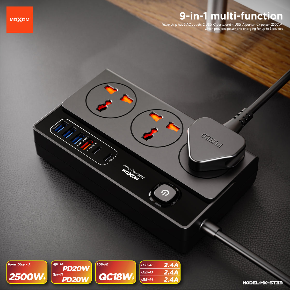 MOXOM MX-ST33 Lighthouse 9-in-1 Power Strip – AC Outlets + PD 20W USB-C + QC 18W USB-A, 2m Cord, 2500W