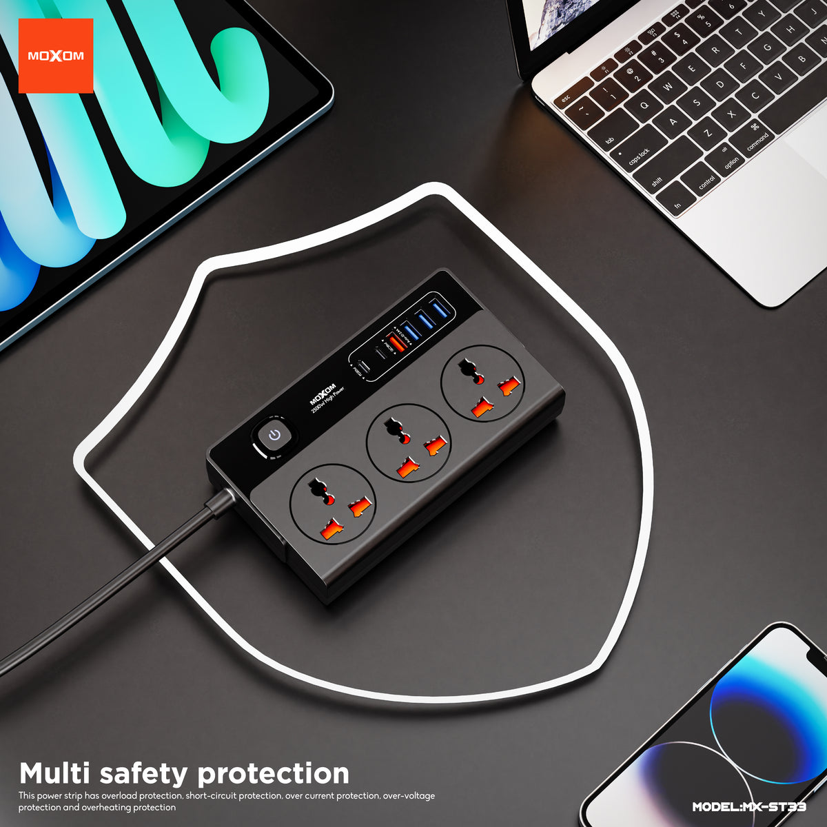 MOXOM MX-ST33 Lighthouse 9-in-1 Power Strip – AC Outlets + PD 20W USB-C + QC 18W USB-A, 2m Cord, 2500W