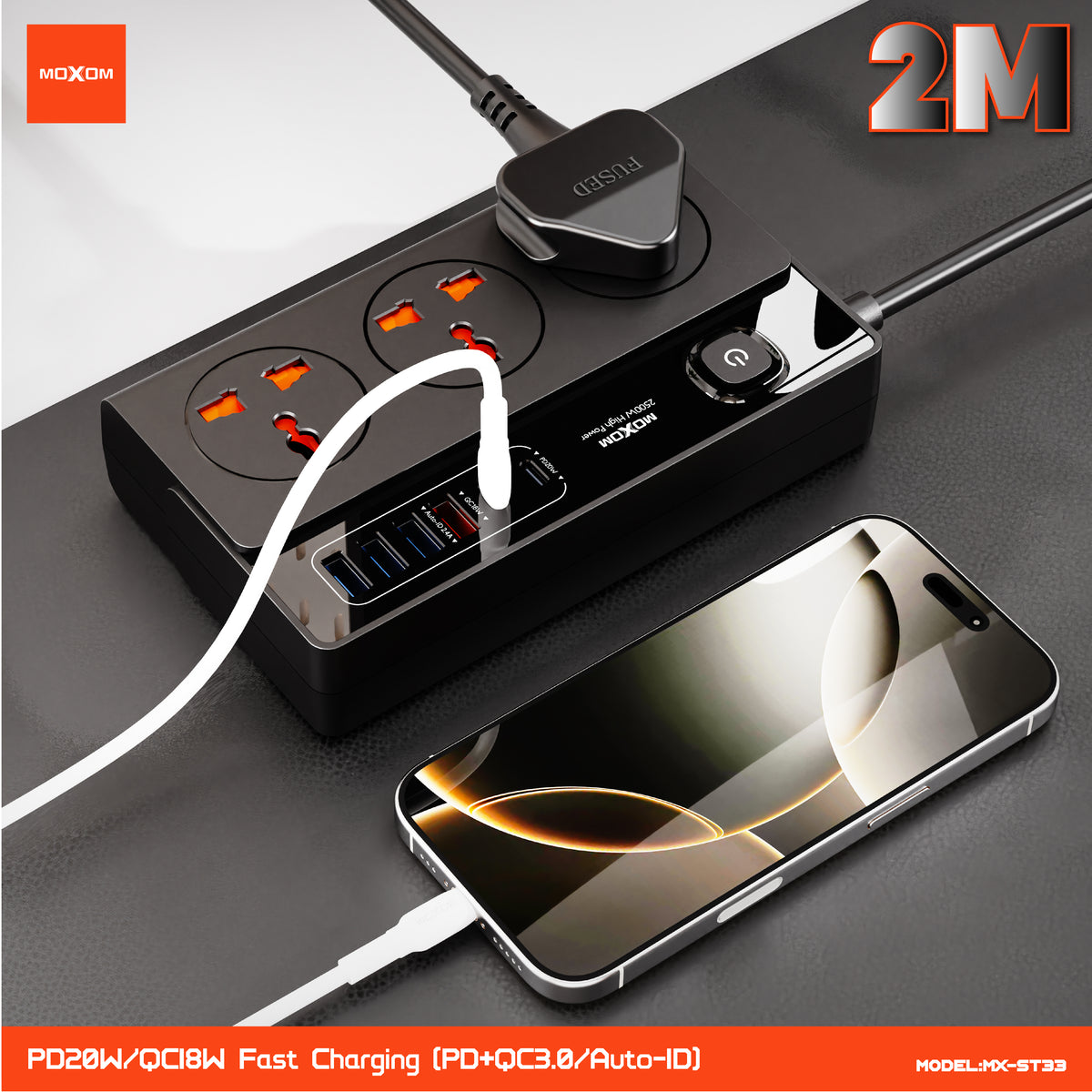 MOXOM MX-ST33 Lighthouse 9-in-1 Power Strip – AC Outlets + PD 20W USB-C + QC 18W USB-A, 2m Cord, 2500W
