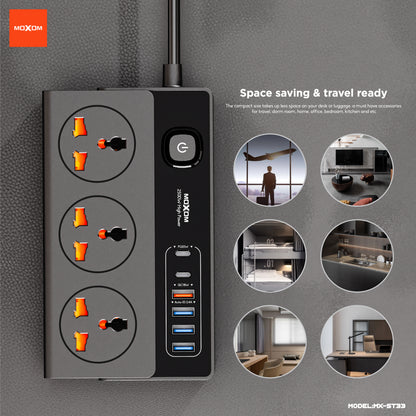 MOXOM MX-ST33 Lighthouse 9-in-1 Power Strip – AC Outlets + PD 20W USB-C + QC 18W USB-A, 2m Cord, 2500W