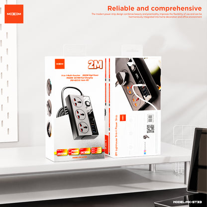 MOXOM MX-ST33 Lighthouse 9-in-1 Power Strip – AC Outlets + PD 20W USB-C + QC 18W USB-A, 2m Cord, 2500W