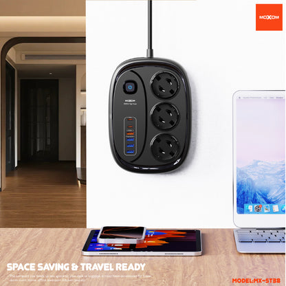 MOXOM MX-ST38 Almighty 9-in-1 Power Strip – 6 AC Outlets, 2 USB-C PD 20W, QC 18W USB-A, 2m Cord