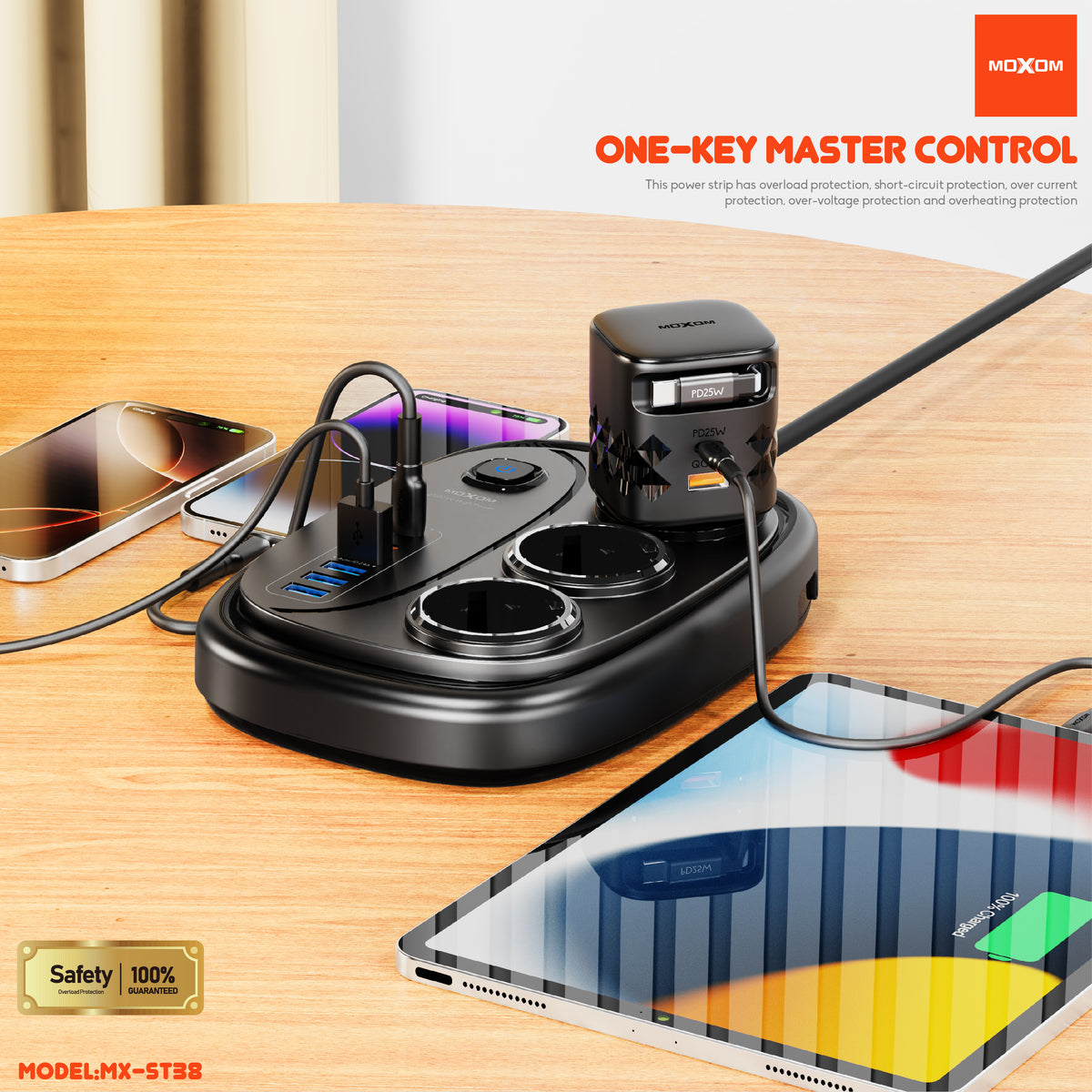 MOXOM MX-ST38 Almighty 9-in-1 Power Strip – 6 AC Outlets, 2 USB-C PD 20W, QC 18W USB-A, 2m Cord
