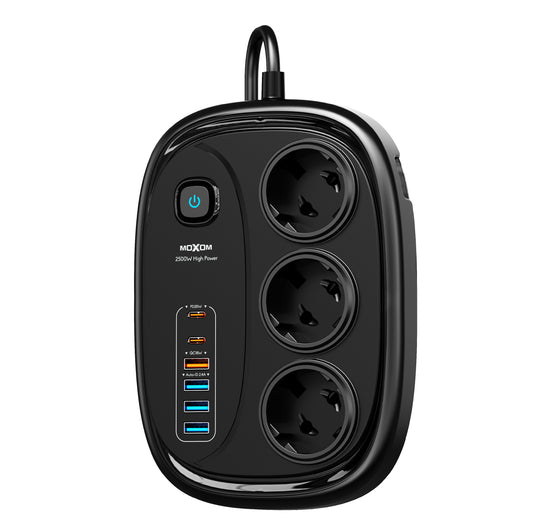 MOXOM MX-ST38 Almighty 9-in-1 Power Strip – 6 AC Outlets, 2 USB-C PD 20W, QC 18W USB-A, 2m Cord