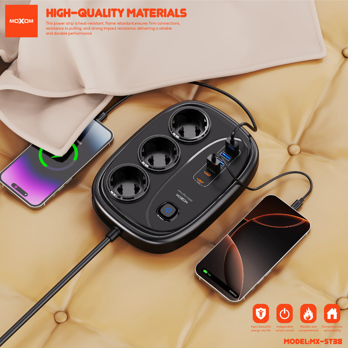 MOXOM MX-ST38 Almighty 9-in-1 Power Strip – 6 AC Outlets, 2 USB-C PD 20W, QC 18W USB-A, 2m Cord