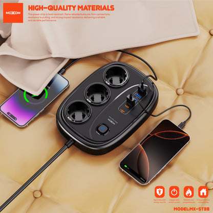 MOXOM MX-ST38 Almighty 9-in-1 Power Strip – 6 AC Outlets, 2 USB-C PD 20W, QC 18W USB-A, 2m Cord