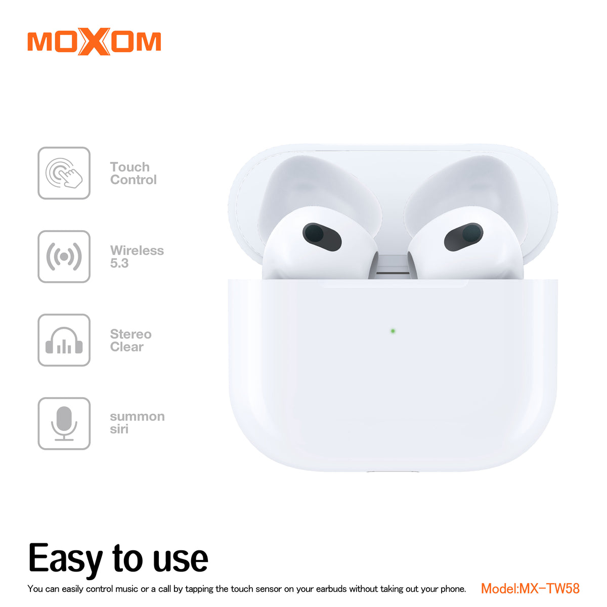 MOXOM MX-TW58 Hi-Fi Stereo Wireless Earbuds – Bluetooth 5.3, 5H Music & Talk, Lightning Charging Case
