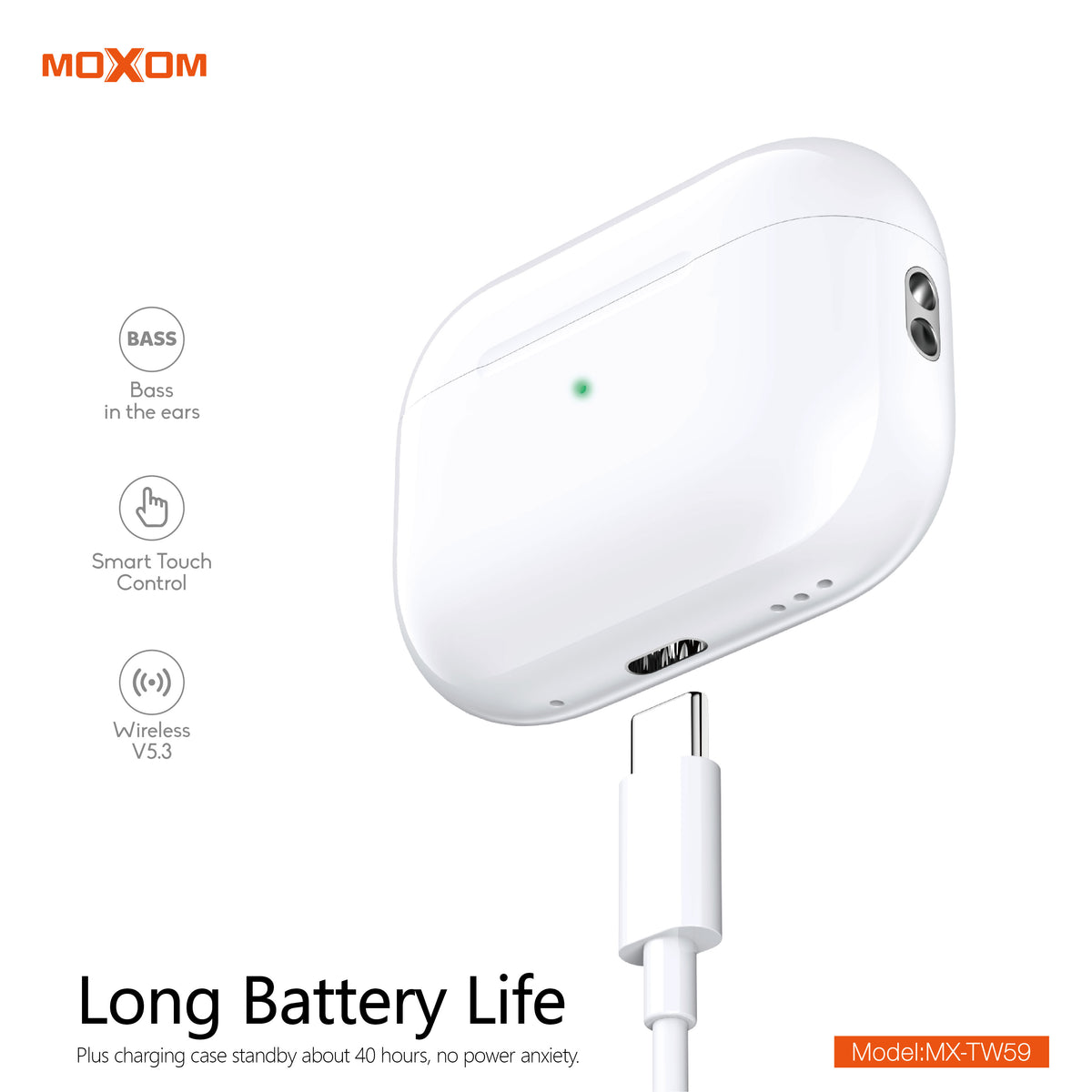 MOXOM MX-TW59 Spatial Audio True Wireless Earbuds – Bluetooth 5.3, 1H Fast Charge, Type-C