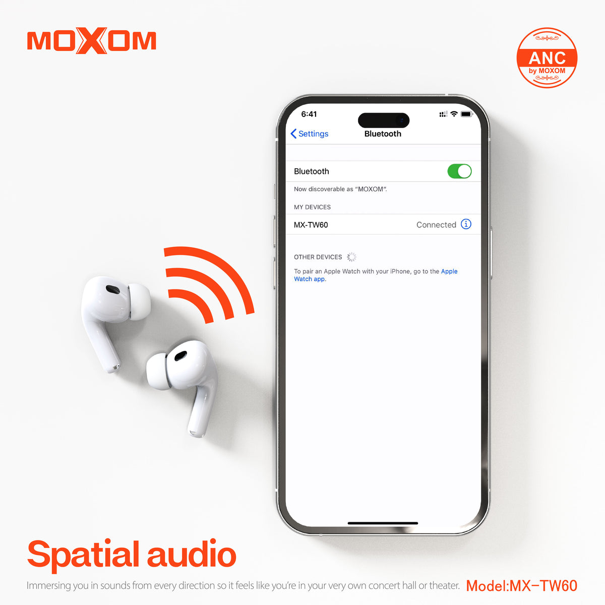 MOXOM MX-TW60 ANC True Wireless Earbuds – Active Noise Cancelling, Transparency Mode, BT 5.3, IPX5, White
