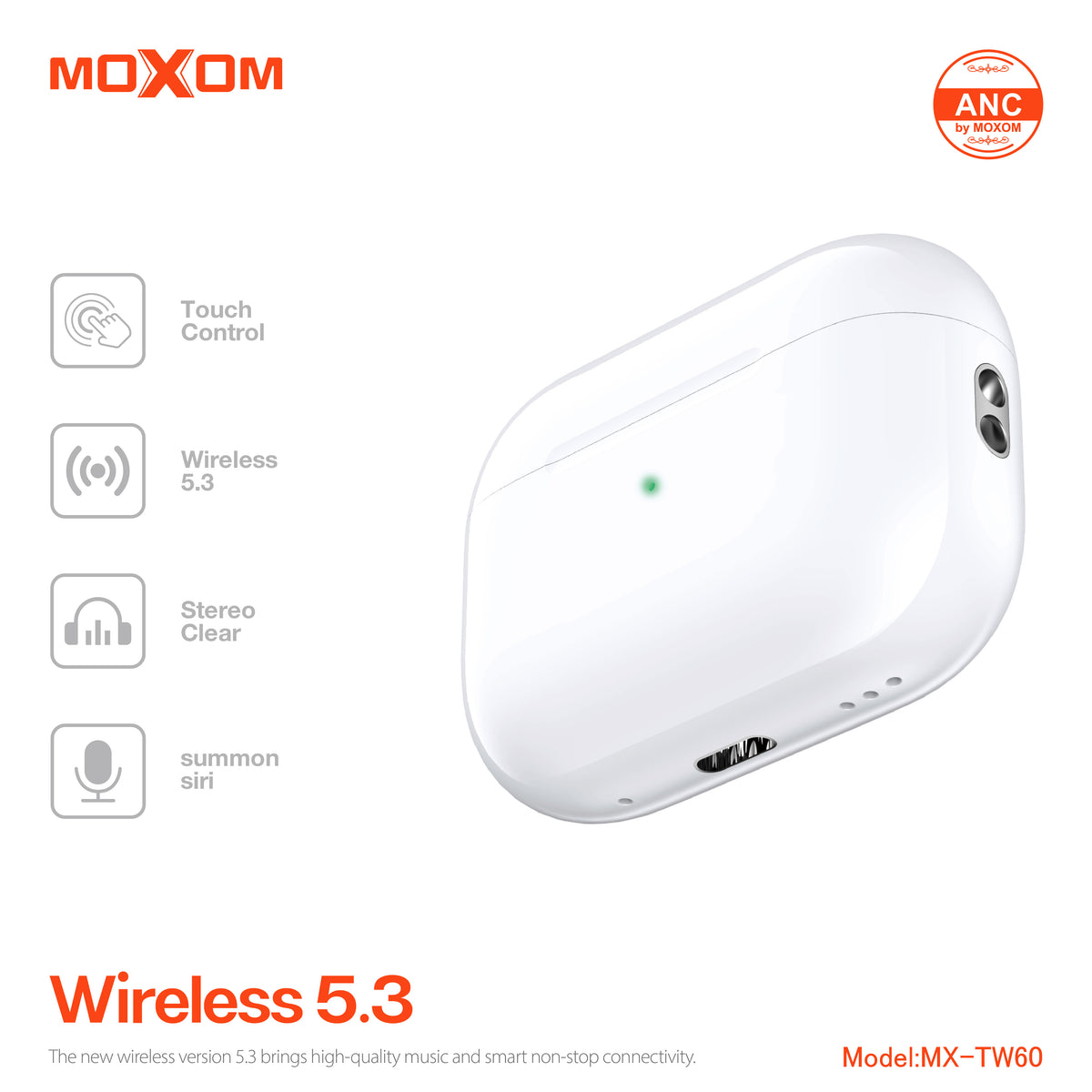 MOXOM MX-TW60 ANC True Wireless Earbuds – Active Noise Cancelling, Transparency Mode, BT 5.3, IPX5, White