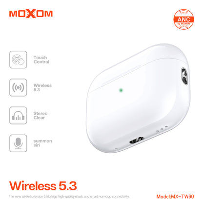MOXOM MX-TW60 ANC True Wireless Earbuds – Active Noise Cancelling, Transparency Mode, BT 5.3, IPX5, White