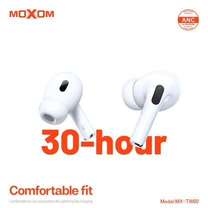 MOXOM MX-TW60 ANC True Wireless Earbuds – Active Noise Cancelling, Transparency Mode, BT 5.3, IPX5, White