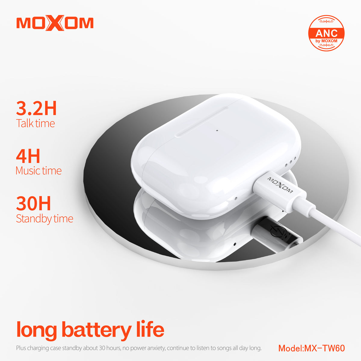 MOXOM MX-TW60 ANC True Wireless Earbuds – Active Noise Cancelling, Transparency Mode, BT 5.3, IPX5, White