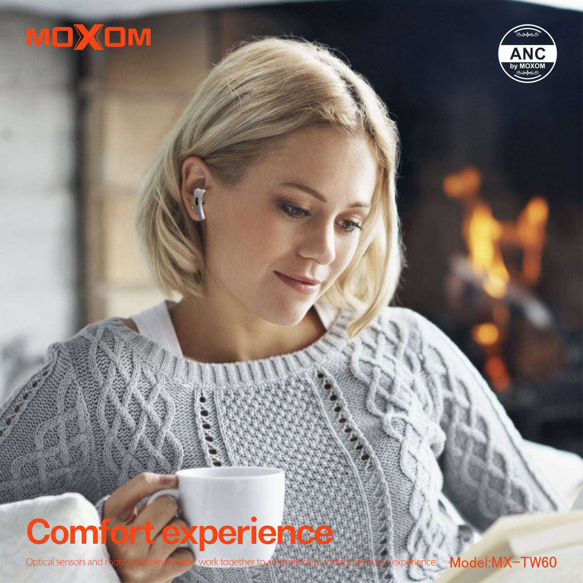 MOXOM MX-TW60 ANC True Wireless Earbuds – Active Noise Cancelling, Transparency Mode, BT 5.3, IPX5, White
