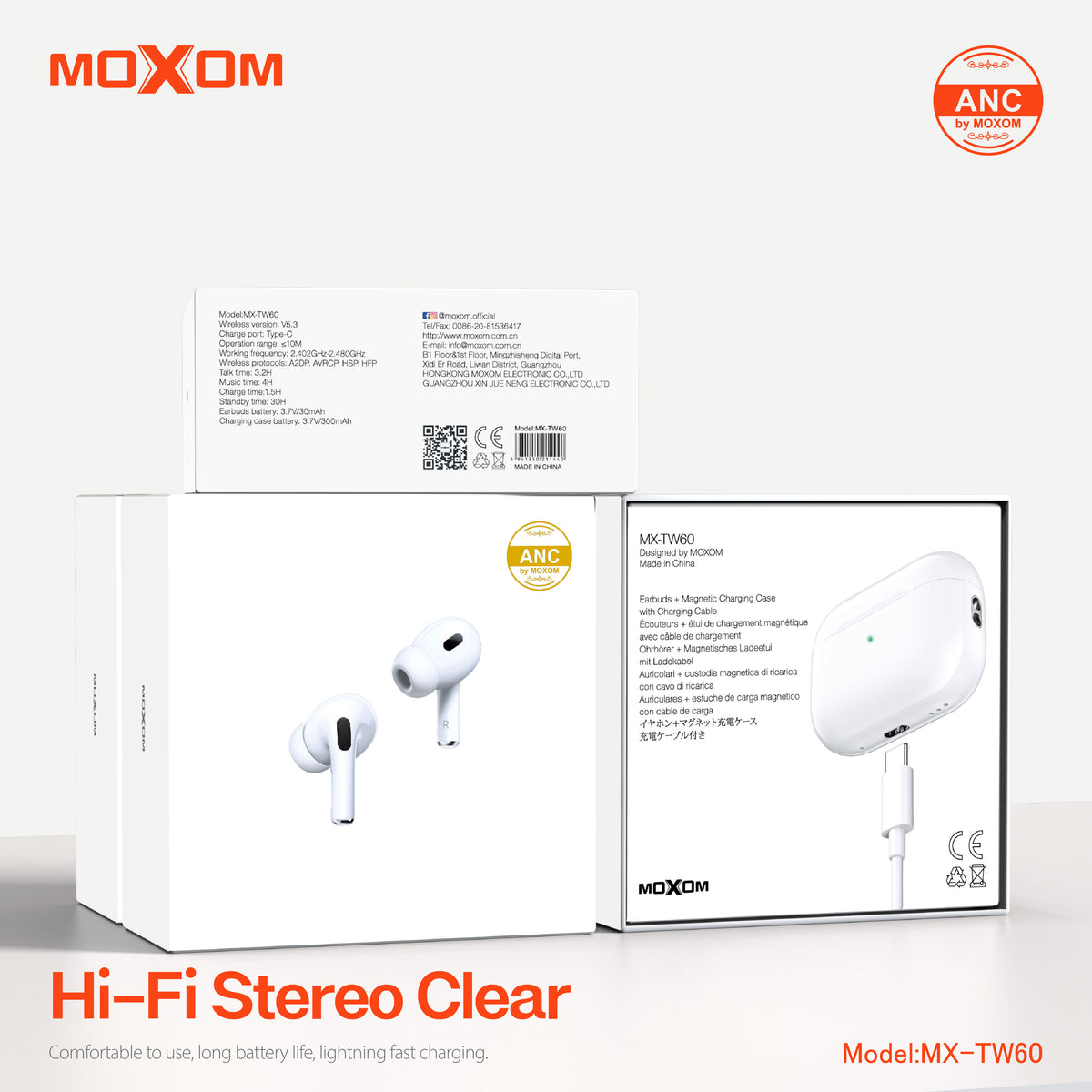 MOXOM MX-TW60 ANC True Wireless Earbuds – Active Noise Cancelling, Transparency Mode, BT 5.3, IPX5, White