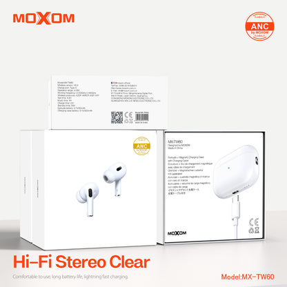 MOXOM MX-TW60 ANC True Wireless Earbuds – Active Noise Cancelling, Transparency Mode, BT 5.3, IPX5, White