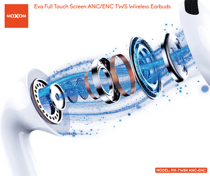 MOXOM MX-TW84 Eva Touch Screen Wireless Earbuds – 1.45" Smart Case Display, ANC -22dB, BT 6.0, IPX4