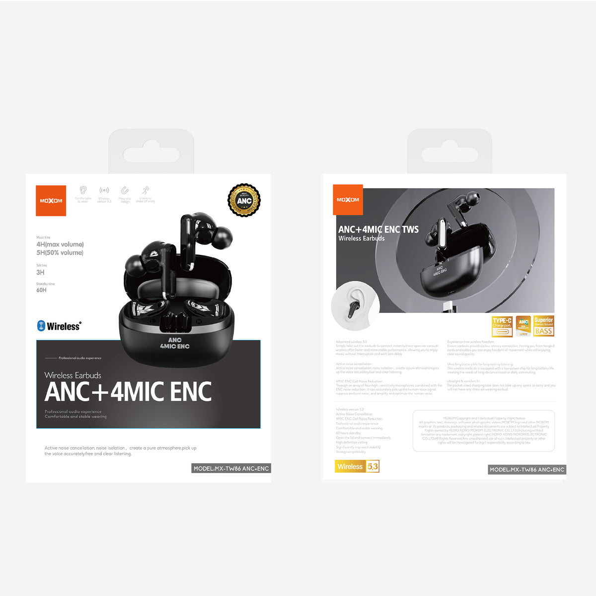 MOXOM MX-TW86 ANC Wireless Earbuds – Active Noise Cancelling + 4-Mic ENC Clear Calls, BT 5.3