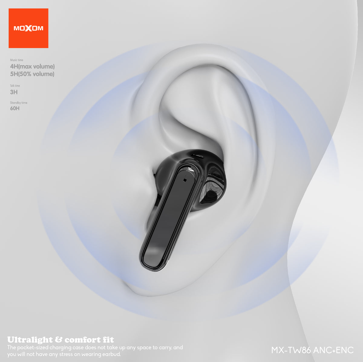 MOXOM MX-TW86 ANC Wireless Earbuds – Active Noise Cancelling + 4-Mic ENC Clear Calls, BT 5.3