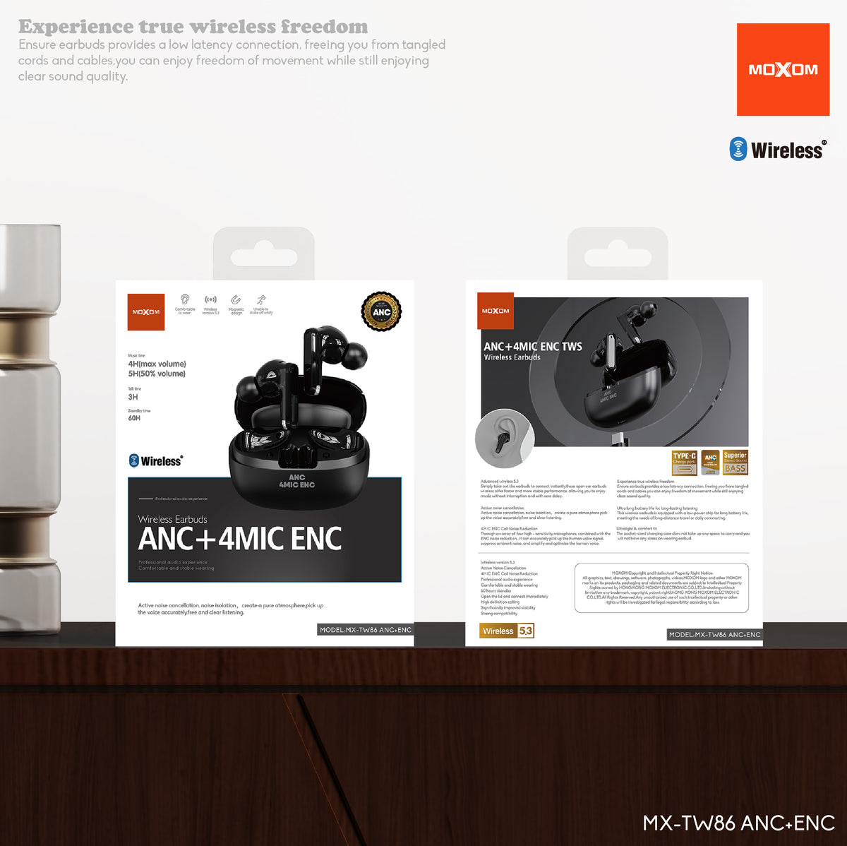 MOXOM MX-TW86 ANC Wireless Earbuds – Active Noise Cancelling + 4-Mic ENC Clear Calls, BT 5.3