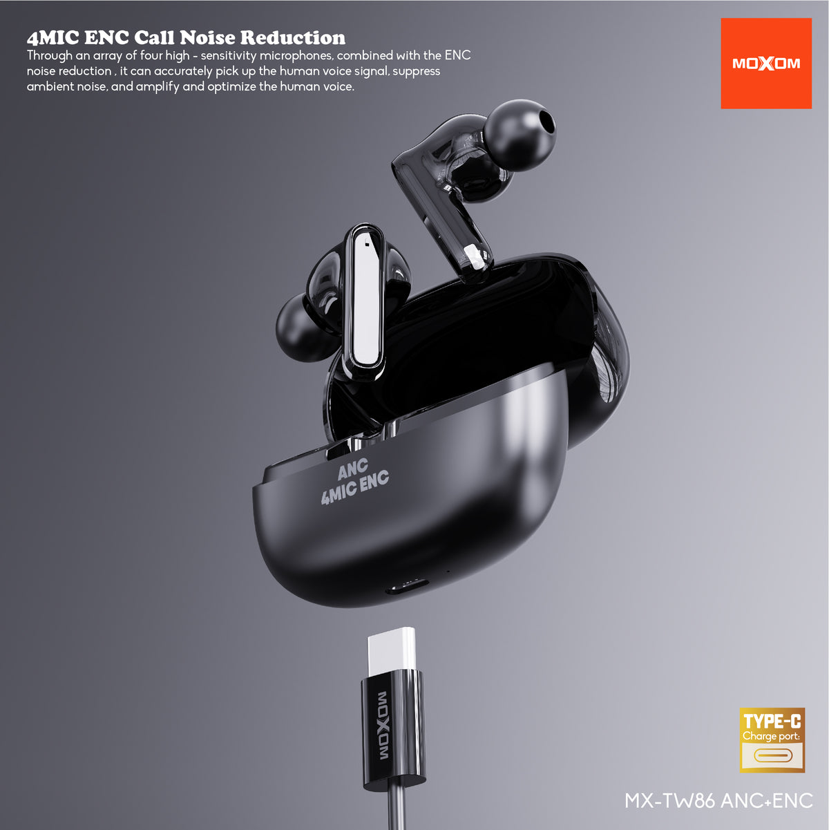 MOXOM MX-TW86 ANC Wireless Earbuds – Active Noise Cancelling + 4-Mic ENC Clear Calls, BT 5.3