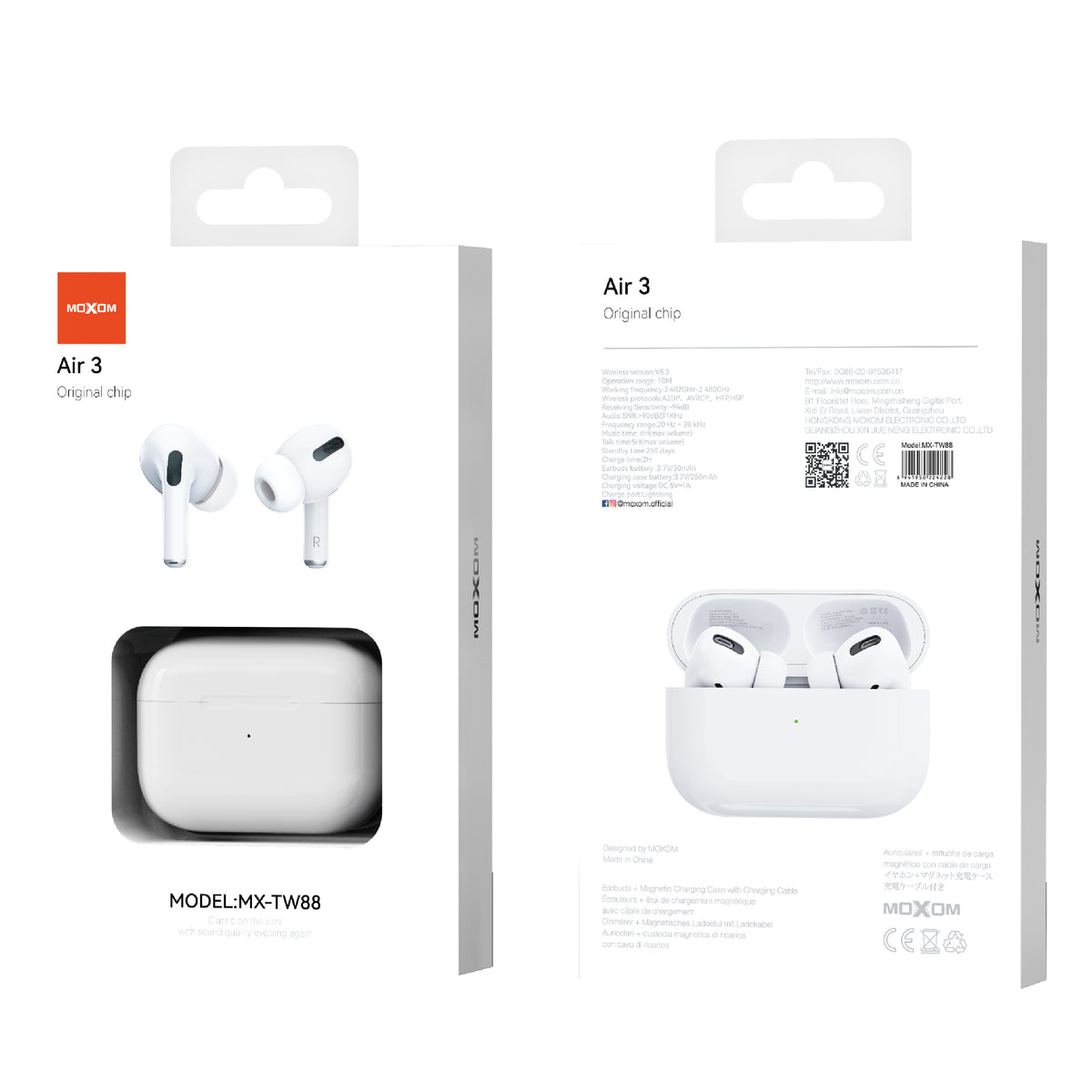 MOXOM MX-TW88 Air 3 Wireless Earbuds – Bluetooth 5.3, 6H Playback, Lightning Charging Case