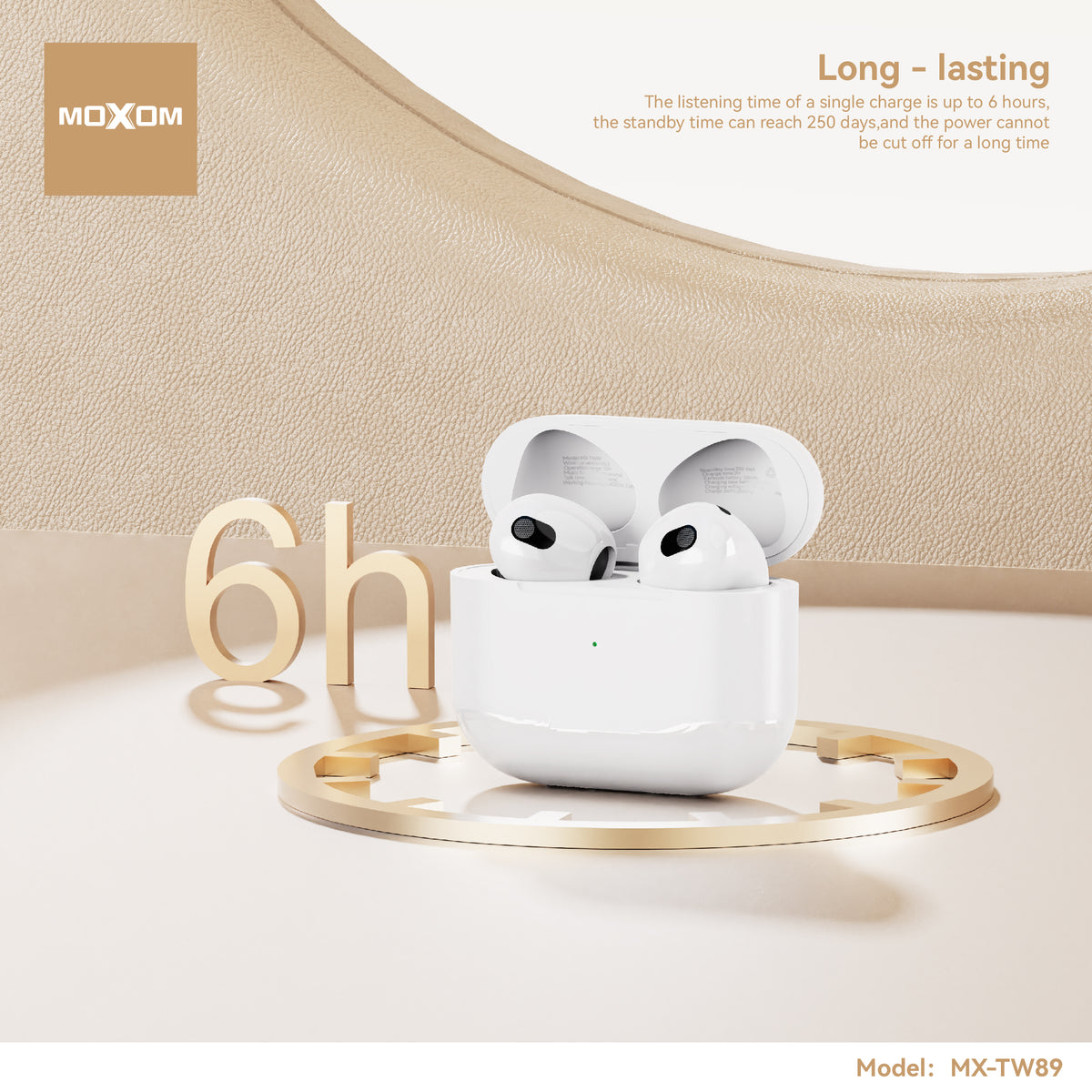 MOXOM MX-TW89 Air 4 Wireless Earbuds – Bluetooth 5.3, 6H Playback, 250-Day Standby, Lightning Case