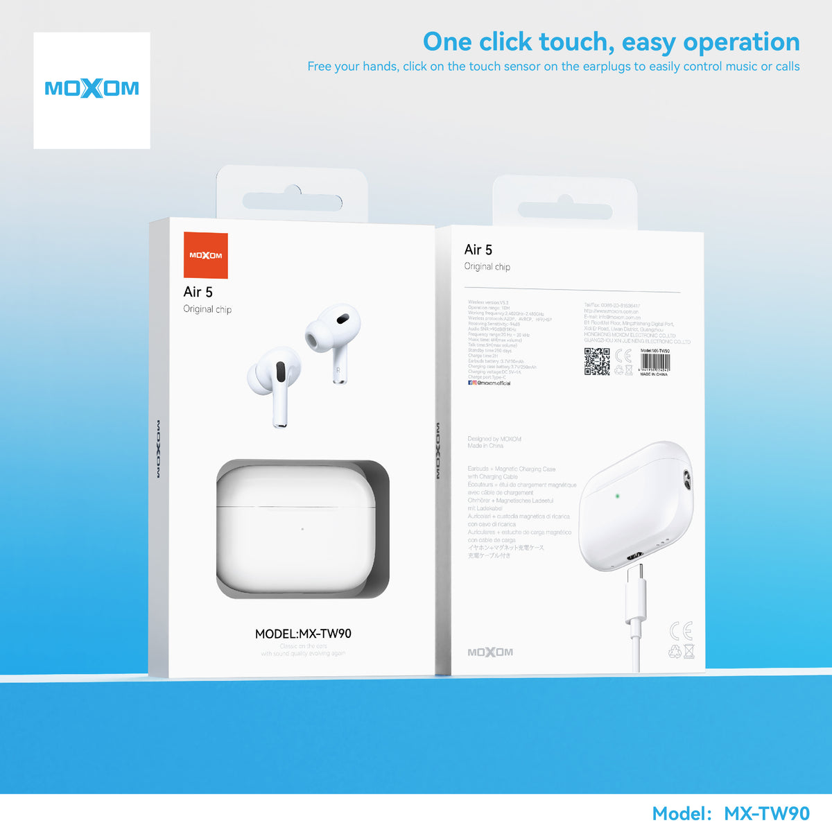 MOXOM MX-TW90 Air 5 Wireless Earbuds – Bluetooth 5.3, 6H Playback, 250-Day Standby, Type-C Case